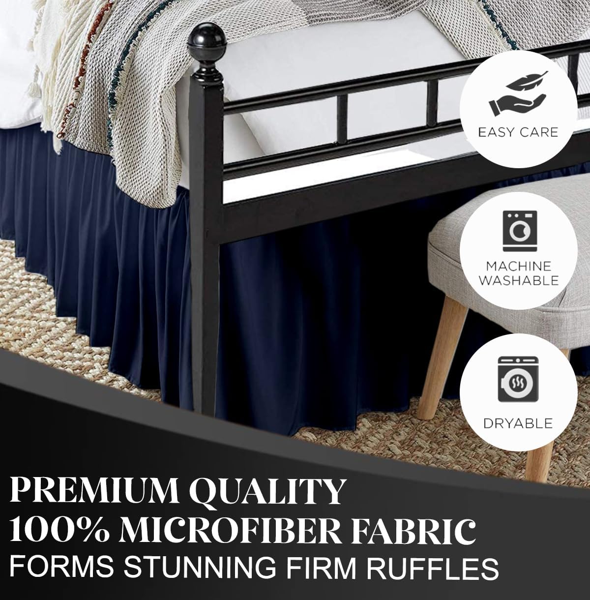 Ruffled Bed Skirt with Split Corners, Navy Blue, Queen 14 Inch Drop Bedskirt, Hotel Quality Brushed Microfiber Wrinkle Free Dust Ruffle Bed Skirt Queen Size