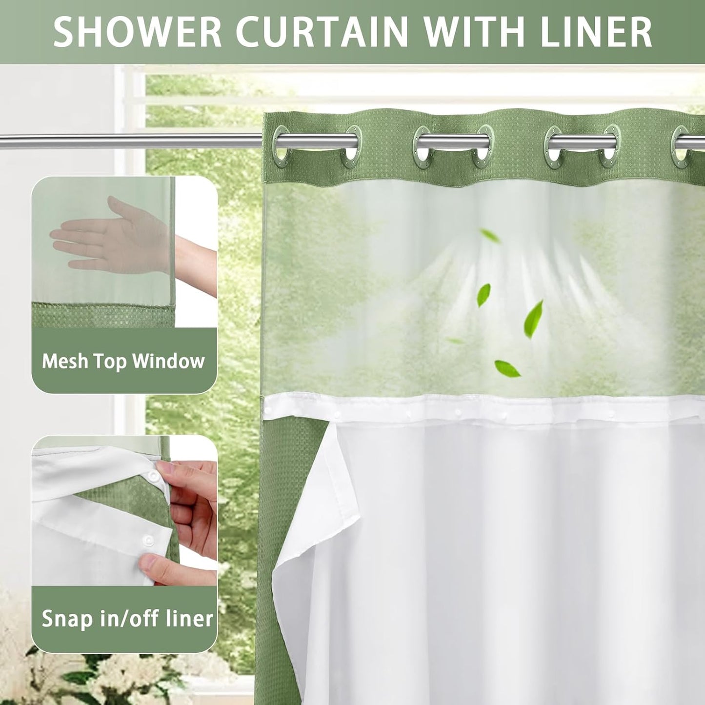YellyHommy Stall No Hook Shower Curtain with Snap in Liner Set Less Time Green Waffle Shower Curtain for Bathroom 75" L x 36" W