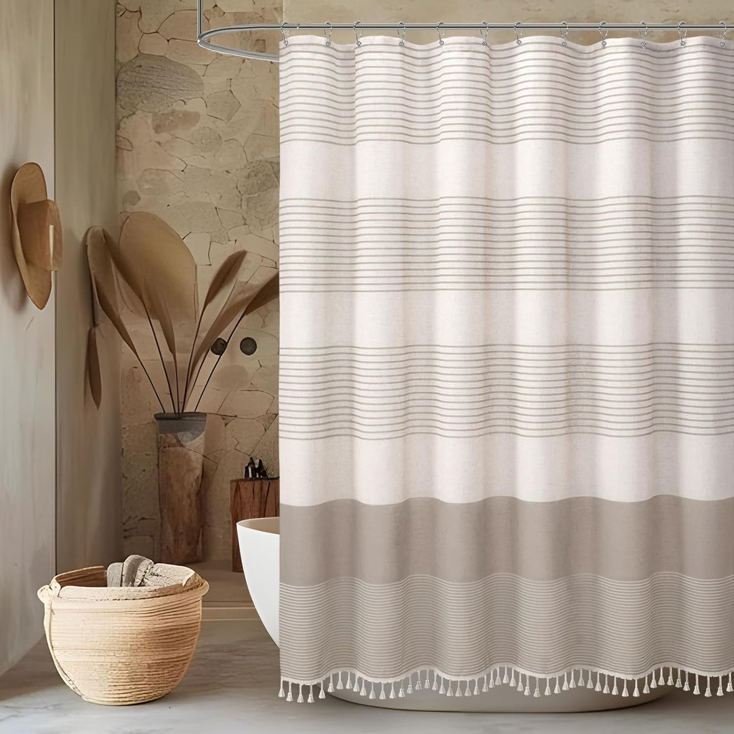 Awellife Farmhouse Taupe Shower Curtain for Bathroom Linen Texture Stripe Tassel Shower Curtain 72 X 72 Inches Neutral