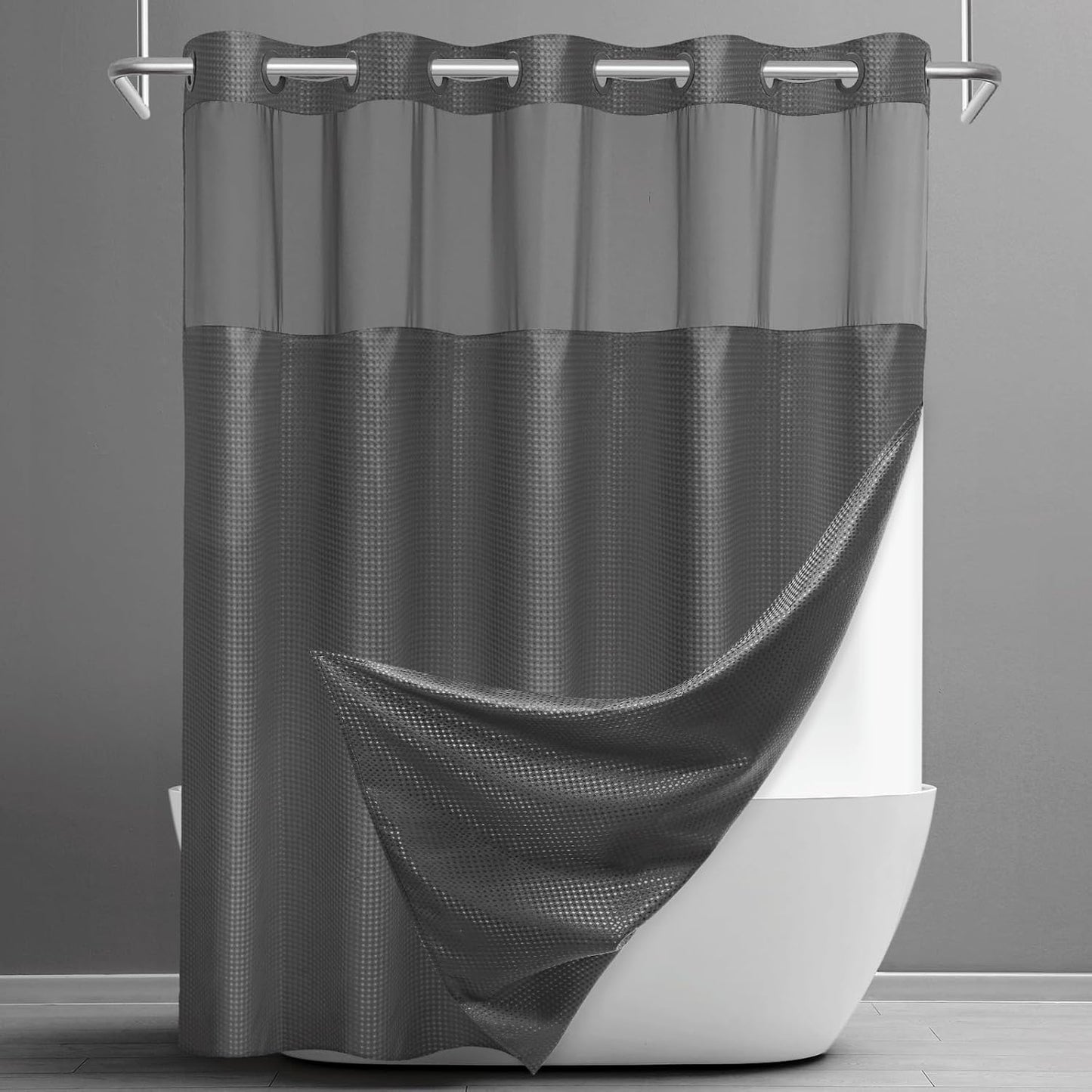 No Hook Shower Curtain with Snap in Liner Set Waffle Shower Curtain for Bathroom Hotel Style Fabric Waterproof Inner Liner，71" W x 74" H, Dark Grey