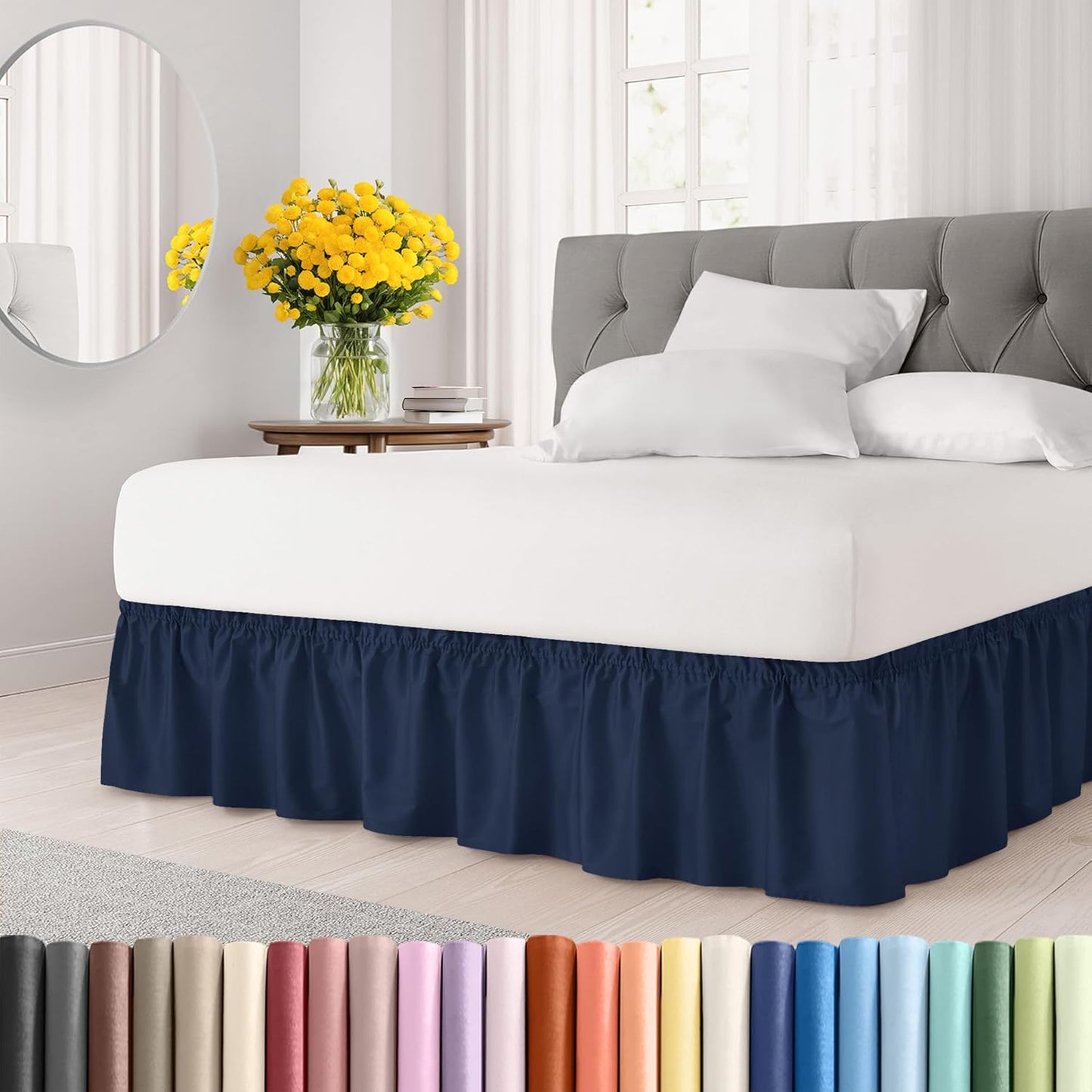 Wrap Around Dust Ruffle Bed Skirt - Navy Blue - for Full Size Beds with 18 Inch Drop - Elastic Strap - Adjustable Pleated Bedskirt with Brushed Fabric and Wrinkle Free - for Women, Men, Kids & Teens
