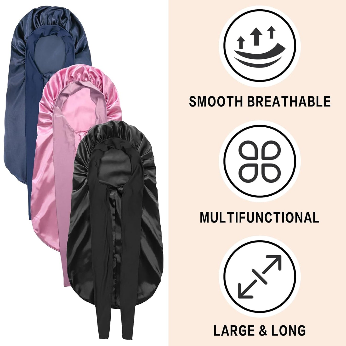 3Pcs Bonnets for Black Women Braid Bonnet, Large Long Satin Bonnet for Braids, Black Women Satin Silk Bonnet with Stretchy Tie Band Sleep Bonnet Cap for Long Curly Hair (Black & Dark Blue & Rose Pink)