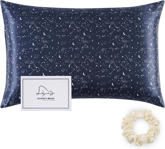 ALASKA BEAR Silk Pillowcase Envelope Closure, 22 Momme 100 Percent Long Overlap Sleeve Mulberry Silk Pillow Case Foldover Design, Machine Washable and NO Zipper, Queen (1, Constellation)