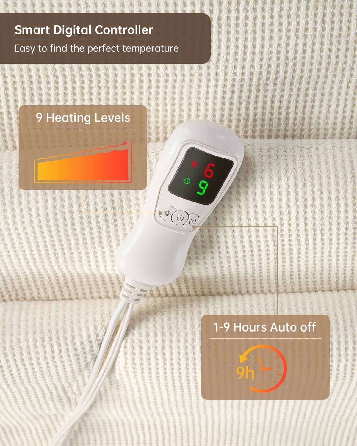 Electric Heated Blanket Twin Size, Washable Blanket Warmer for Home for Adults, Fast Heating Super Cozy Soft Fabric, 62" x 84", 9 Heat Levels, 1-9H Auto-Off, ETL Certified, Cream