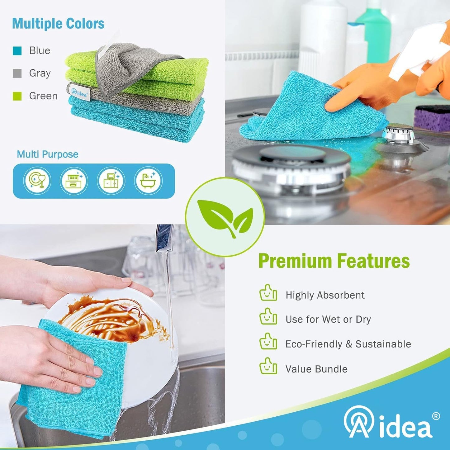 AIDEA Microfiber Cleaning Cloth-8PK, Soft Microfiber Towels for Cars, Absorbent Cleaning Rags, Lint-Free Streak-Free Wash Cloths for House, Kitchen, Window(12in.x16in.)