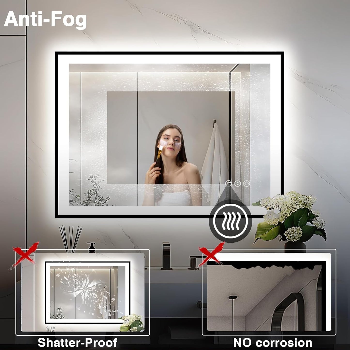 44x36 LED Light Mirror for Bathroom - Black Framed Mirror (Front and Backlit), Anti-Fog Bathroom Vanity Mirror, Stepless Dimmable Lighted Mirror, Tempered Glass, Memory (Horizontal/Vertical)
