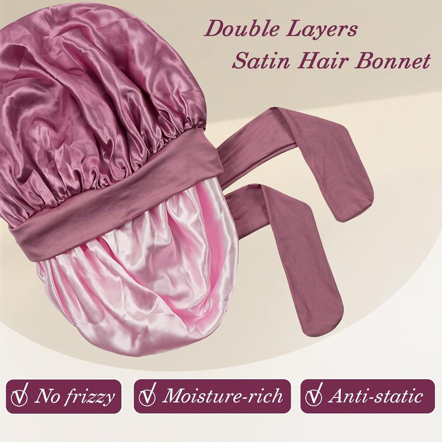 Satin Hair Bonnet for Sleeping Women, Double Layer Silk Bonnets for Women with Tie Band, for Braids Curly Long Hair