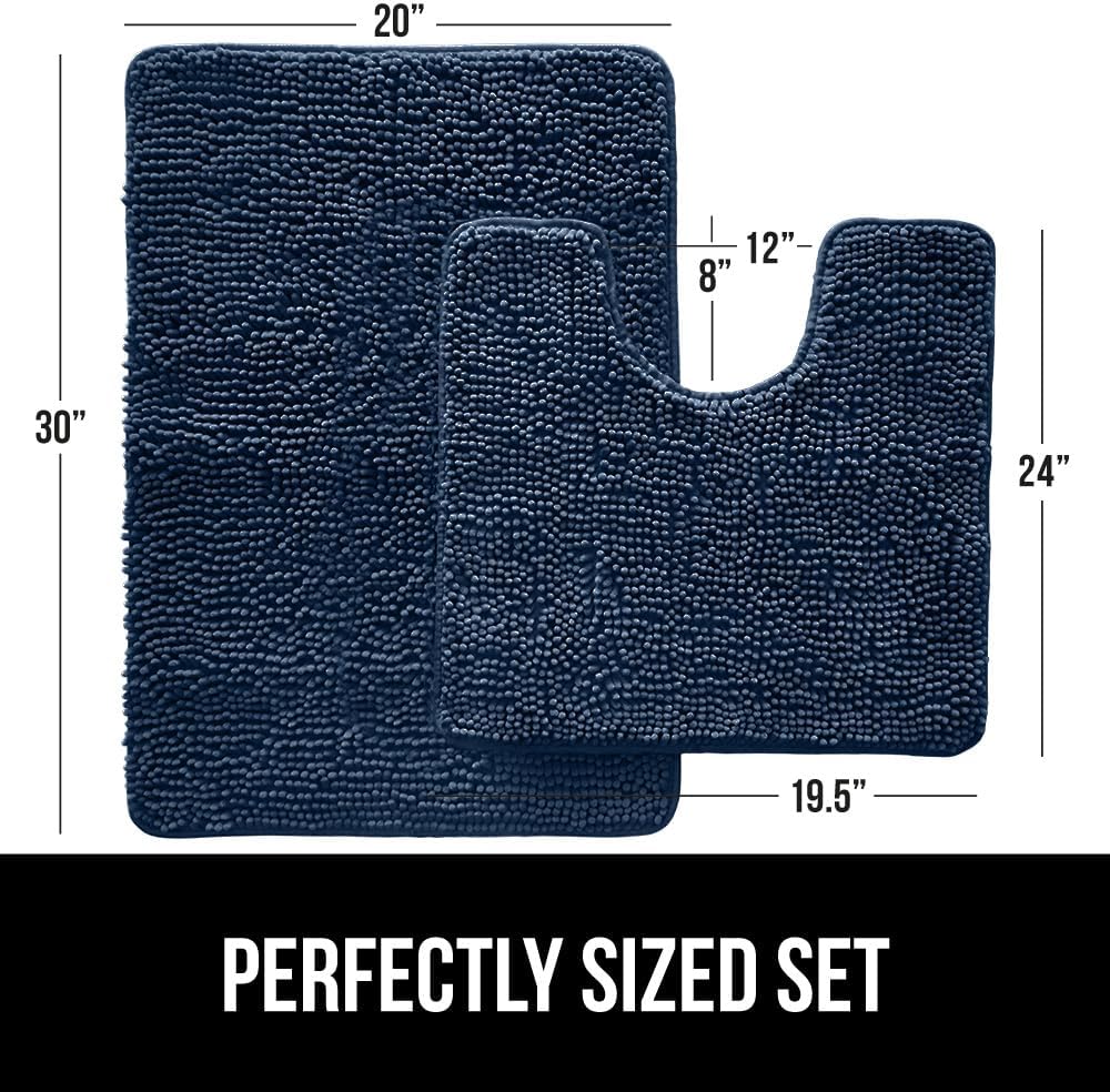 GORILLA GRIP Bathroom Rug Sets, Soft Chenille 2 Piece Area Rugs Set, Toilet Base Mat and 30x20 Carpet, Absorbent Microfiber Washable Mats Dry Quickly, Home Décor and Bath Room Accessories, Navy Blue