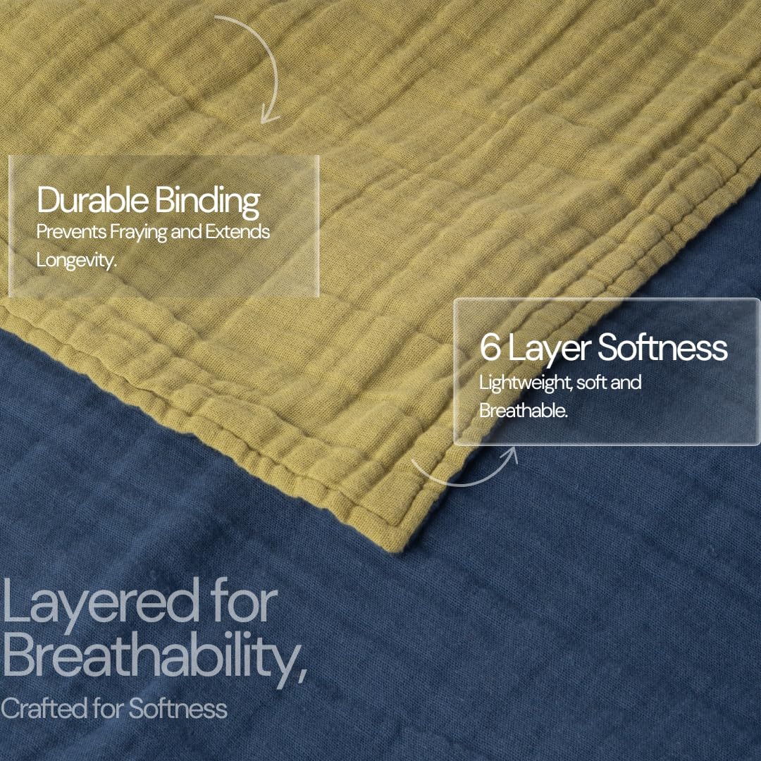 Salt Earth 100% Cotton Muslin Blanket, Gauze Blanket 50"X60" Throw with Tassel 6 Layered, Couch, Bed, Living Room, Home,Lightweight & All Season Blankets & Throws, Skin Friendly (Dress Blue/Mosstone)