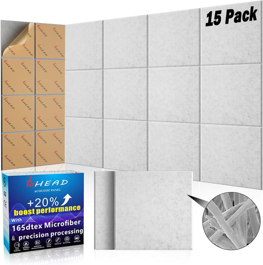 15 pcs 165dtex Microfiber Acoustic Panels ，Self-Adhesive Soundproof Wall Panels, 12 x 12 x 0.4 in Sound Proof Foam Panels for Walls, High Density, Noise Dampening Panels for Home Studio（Gray）