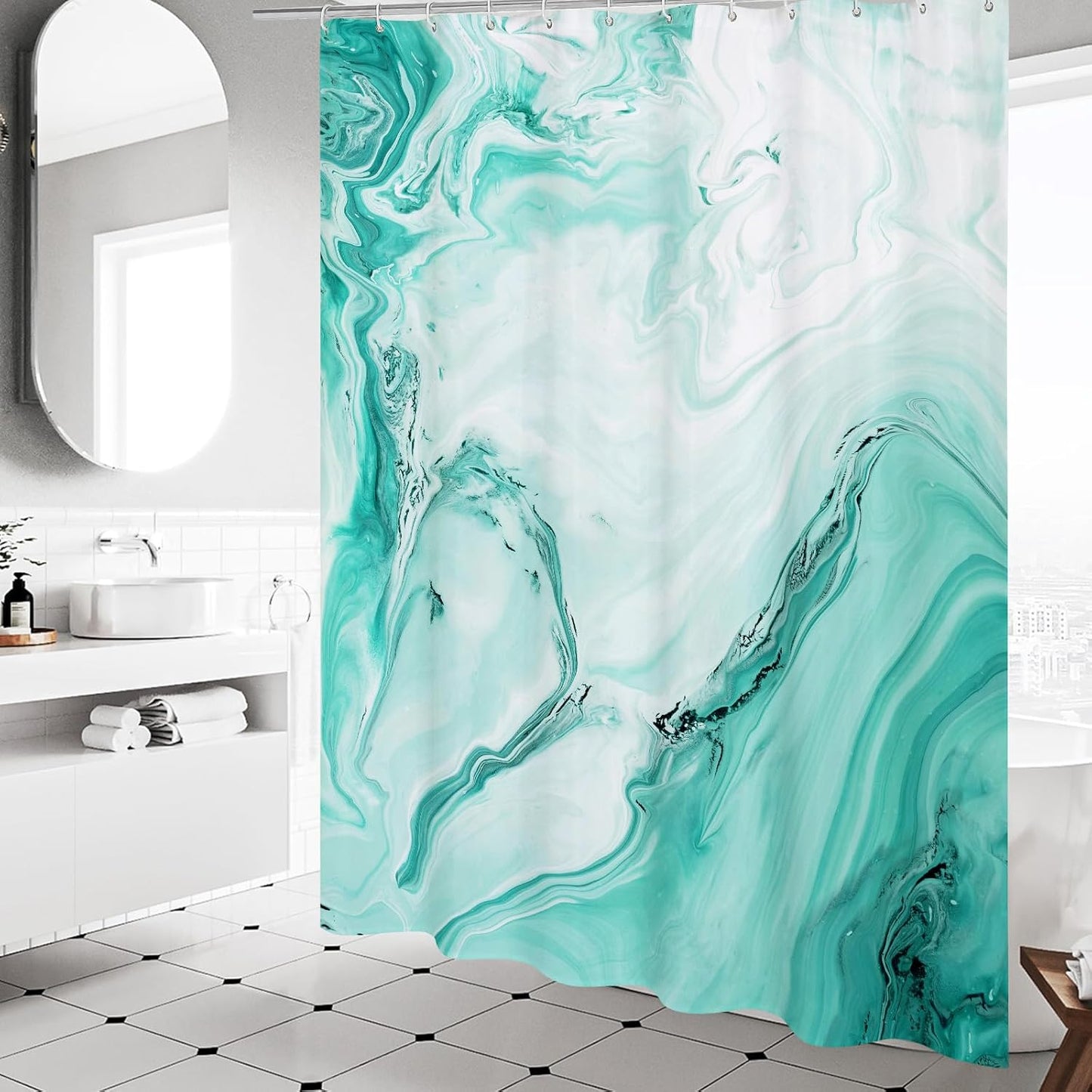 MitoVilla Teal Blue Marble Shower Curtain, Abstract Ombre Fabric Shower Curtains for Modern Bathroom Decor, Turquoise Green Luxury Cloth Watercolor Shower Curtain, 72x72