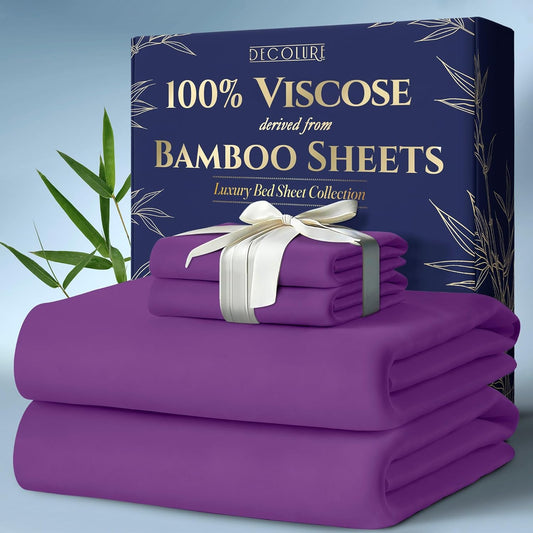 DECOLURE 100% Viscose Derived from Bamboo Sheets King Size 4pcs - Ultra Soft & Luxuriously Cooling, 17" Deep Pocket, Double Stitching, Perfect for Hot Sleepers - King Bed Sheets (Purple)