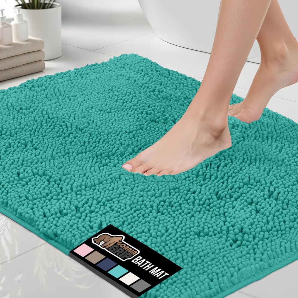 GORILLA GRIP Bath Rug Mat 60x24, Thick Soft Absorbent Chenille, Quick Dry Microfiber Mats, Rubber Backing Machine Washable Shower Floor Rugs, Bathmat Runner, Bathroom Home Decor Accessories, Turquoise