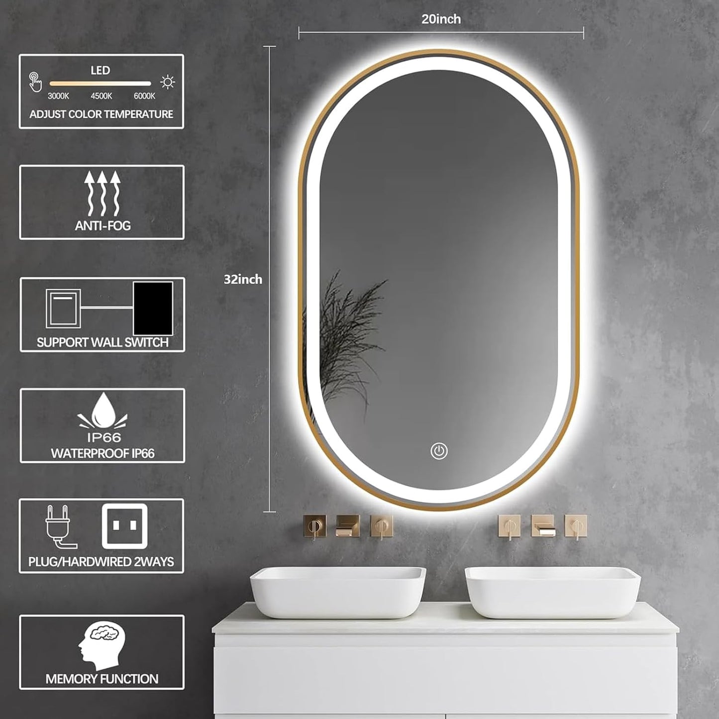 Oval LED Bathroom Mirror, 32"x20" Lighted Wall Mounted Vanity Mirror with Metal Frame, Anti-Fog IP66 Waterproof Smart Mirror, Memory Function, (Horizontal or Vertical), Gold