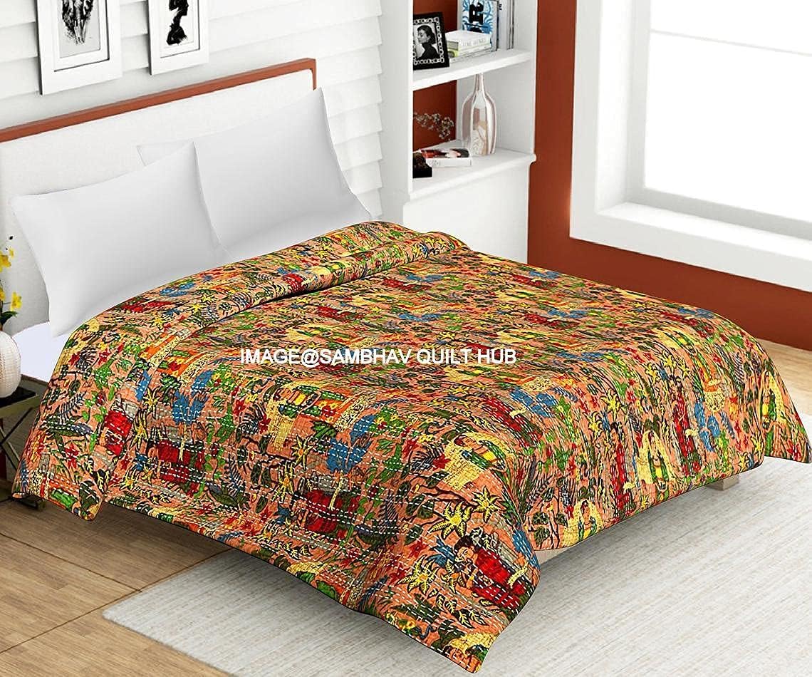 Floral Printed Cotton Quilted Blanket Indian Handmade Bedspread Kantha Work Bohemian Bed Decor Throw Blanket Twin/King/Queen (60X90 inches)