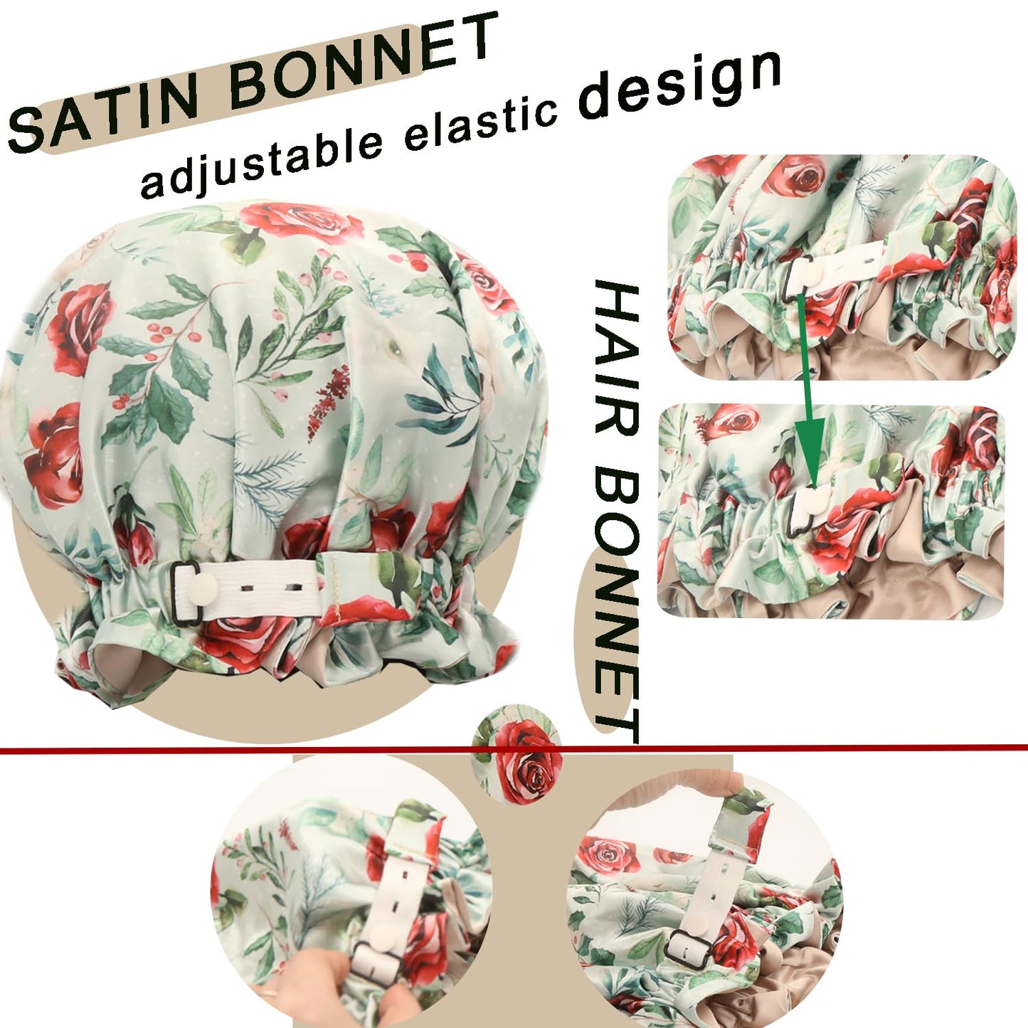 Satin bonnet for women 2PCS silk hair bonnet cap reversible for sleeping Adjustable Night sleep cap for curly natural hair double-layer and Washable (White Green flower)