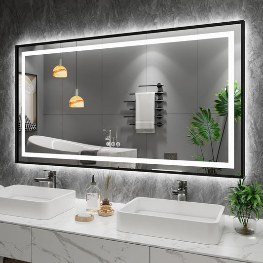 Amorho 55" X30" LED Bathroom Mirror, Framed Front Light and Backlit, Stepless Dimmable, Anti-Fog, Shatter-Proof, Memory, 3 Colors, Double LED Vanity Mirror
