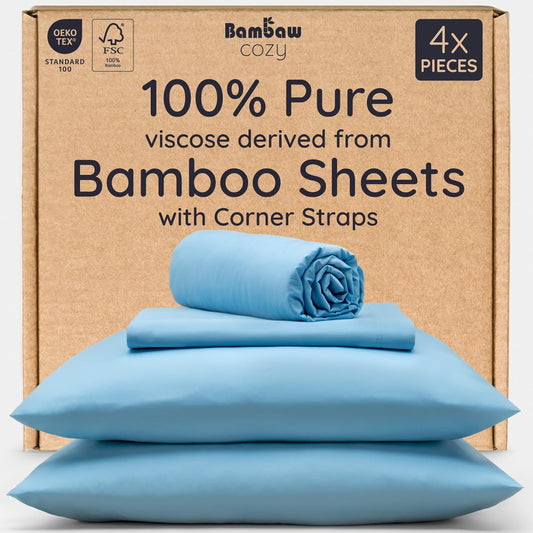 Bambaw Full Sheet Set 4pcs – 100% Viscose Derived from Bamboo Cooling Sheets Full Size Set, Temperature Regulating Sheets, with Elastic Corner Straps, Super Soft Full Size Sheets (Dream Blue)