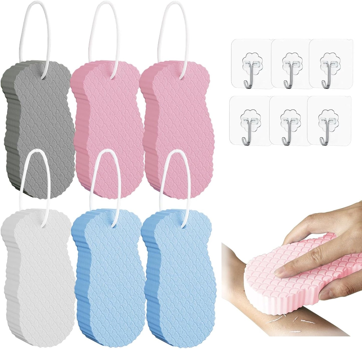 SODOI Shower Sponge 6-Pack 3D Ultra-Soft Exfoliating Bath Sponge Gentle on Skin Suitable for Adults Children and Pregnant Women Reusable (1 White + 1 Gray + 2 Blue + 2 Pink) + 6 Clear Hooks