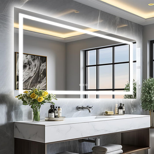 72"x40" Large LED Bathroom Mirror with Lights (Front & Backlit), Fogless, Stepless Dimmable, 3 Color Smart Mirror (Horizontal/Vertical)