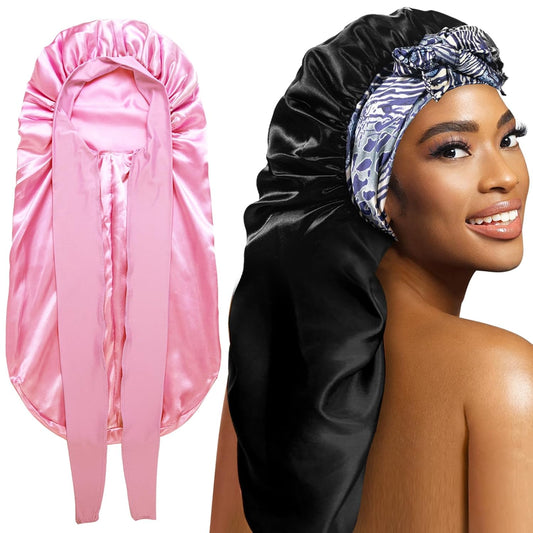 2Pcs Bonnets for Women Sleeping Braid Bonnet, Large Long Satin Silk Bonnet for Braids, Black Women Braid Bonnets with Stretchy Tie Band for Sleeping Extra Long (Pink &Black Pattern)