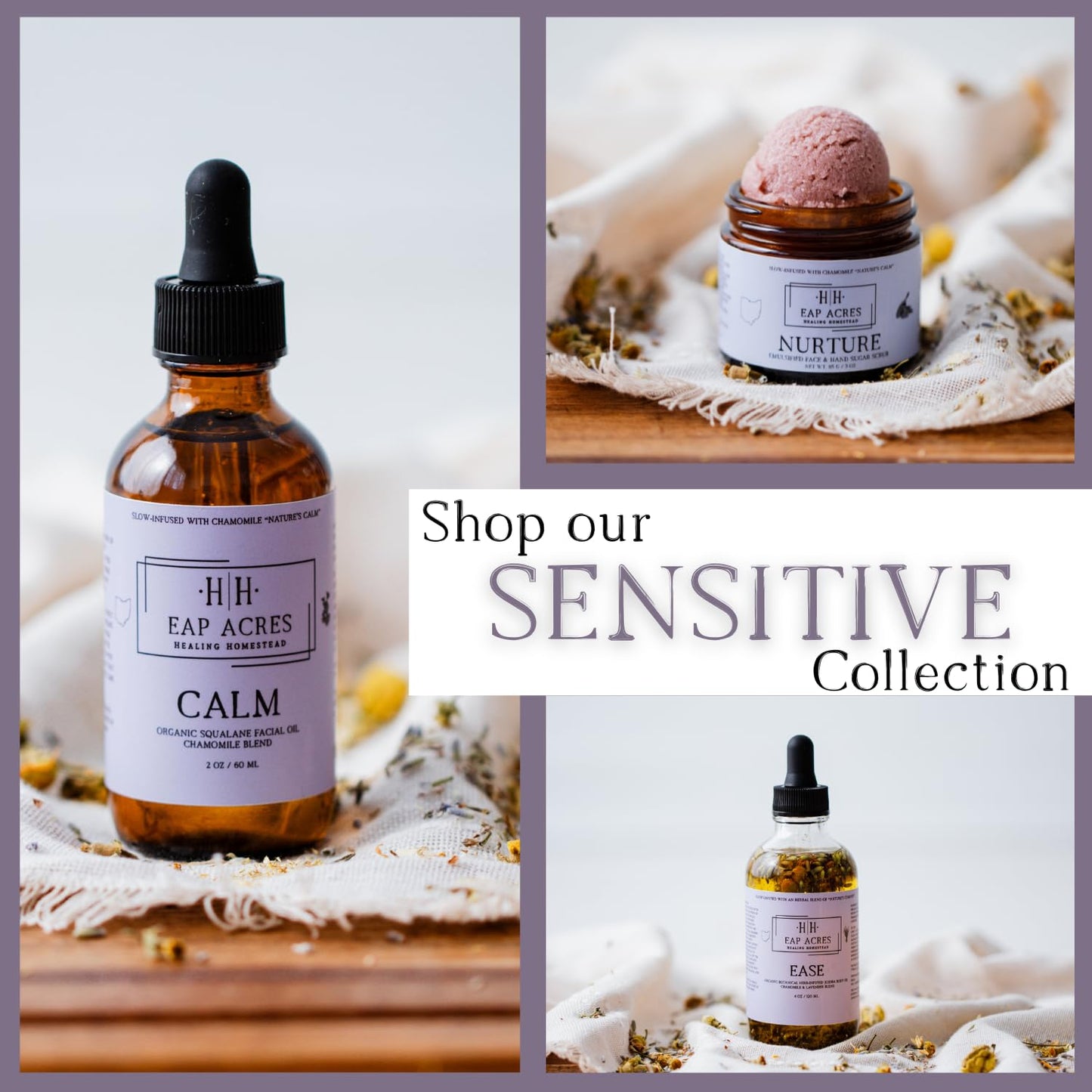 Emulsified Face Sugar Scrub, Organic squalane oil/Castor oil: infused Chamomile, Kokum Butter, Purple Clay, Colloidal Oatmeal, Manuka Honey-Gentle exfoliant: Dry/Sensitive/Acne-Prone (NURTURE)
