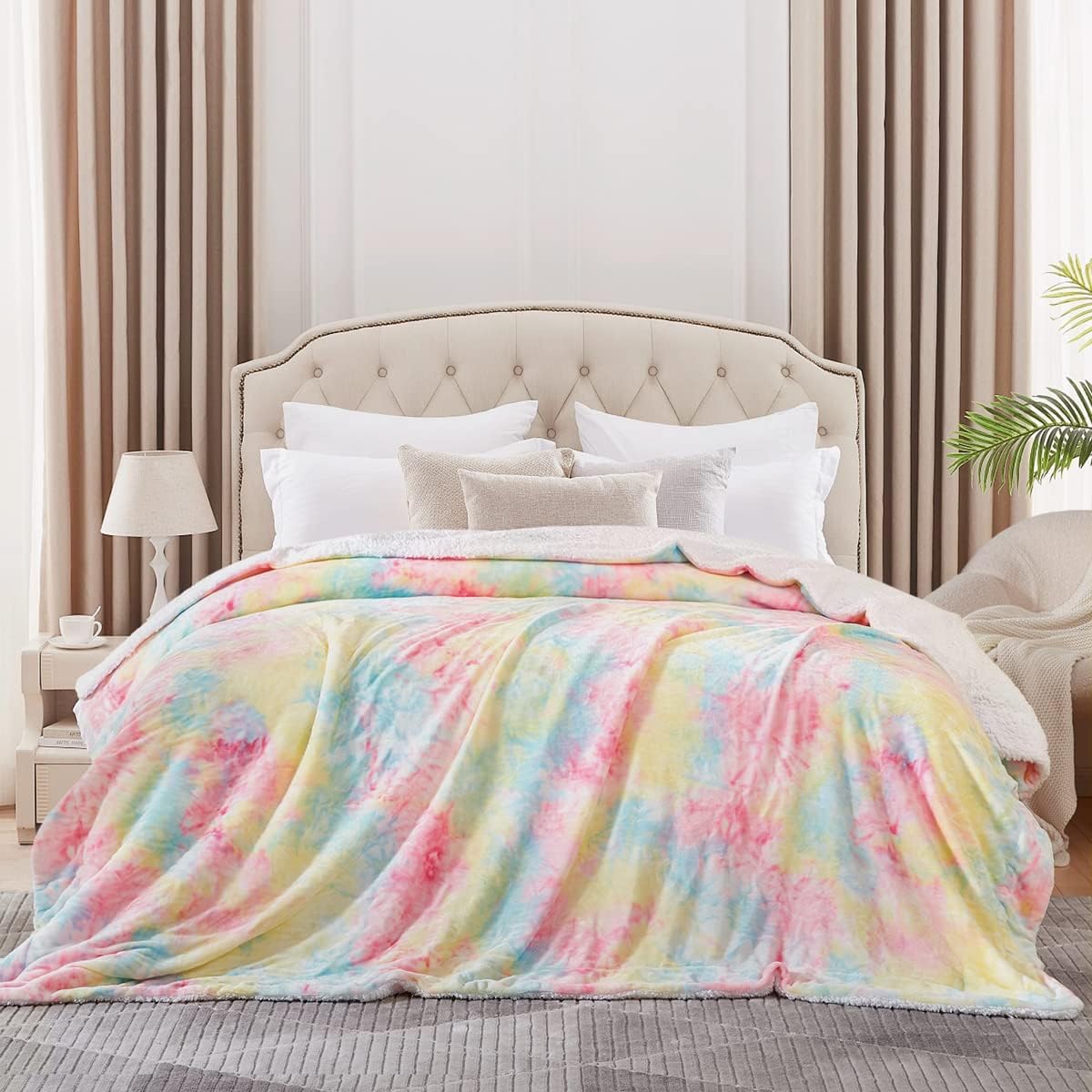 KAWAHOME Sherpa Fleece Queen Size Blanket for Bed - Extra Warm and Heavy Thick Blankets for Winter, Super Soft 500GSM Plush Blanket, 90"X 90" Rainbow