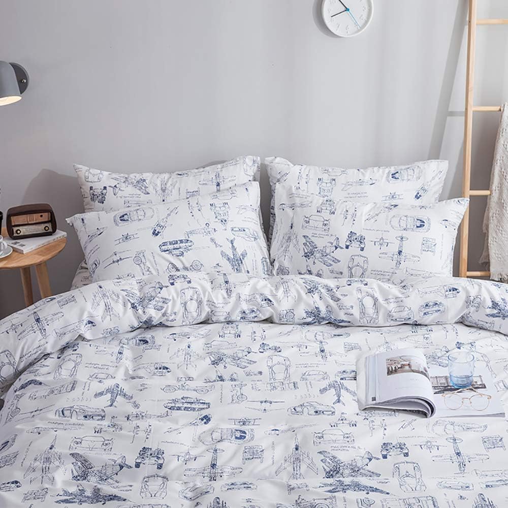 KAREVER White Aircraft Comforter Set Twin Boys Cartoon White Bedding Set Airplane Comforter Car Tank Printed Bedding for Children Teen Boy Blanket Set