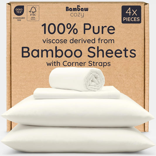 Bambaw 100% Viscose Derived from Bamboo Sheets Full Size Set – 4pcs Cooling Sheets Full Size, Perfect for Hot Sleepers, Luxury Sheets, Buttery Soft Bed Sheets, with Elastic Corner Straps (Ivory)