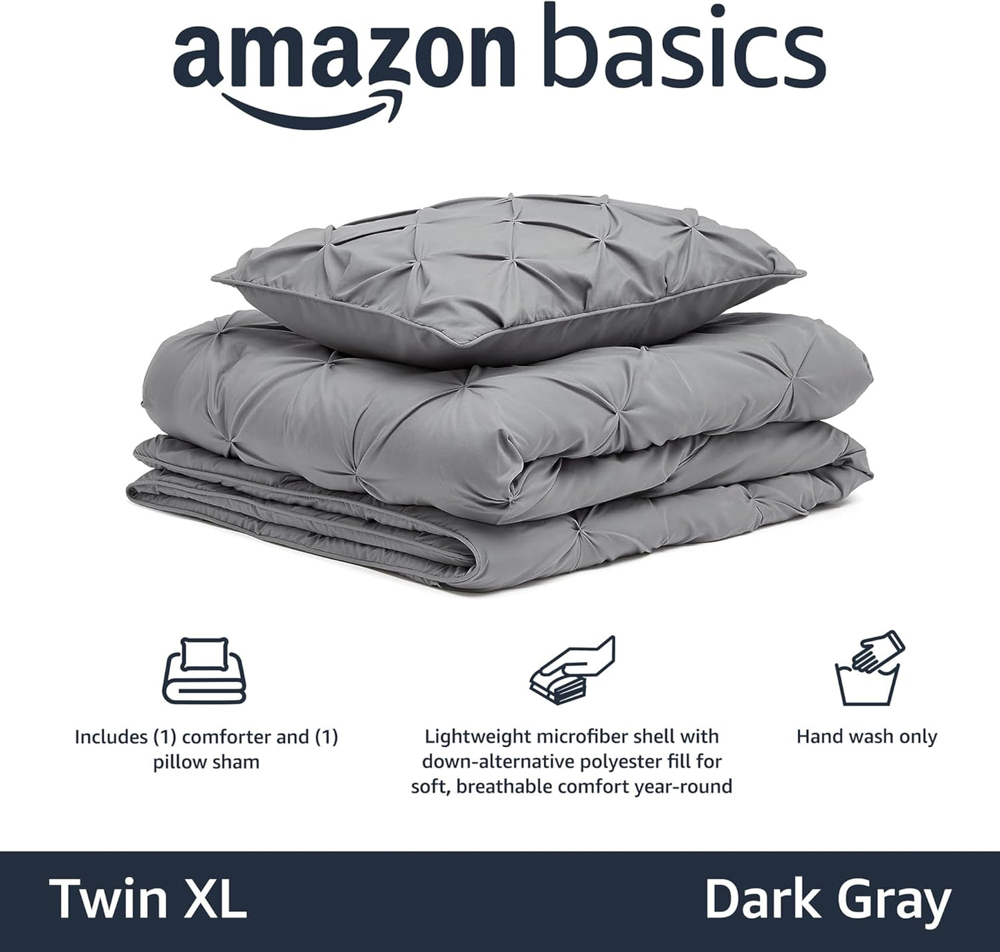 Amazon Basics 2 Piece Soft, Lightweight Down-Alternative All-Season Comforter and Bedding Set, Pinch Pleat, Twin/TwinXL, Dark Grey
