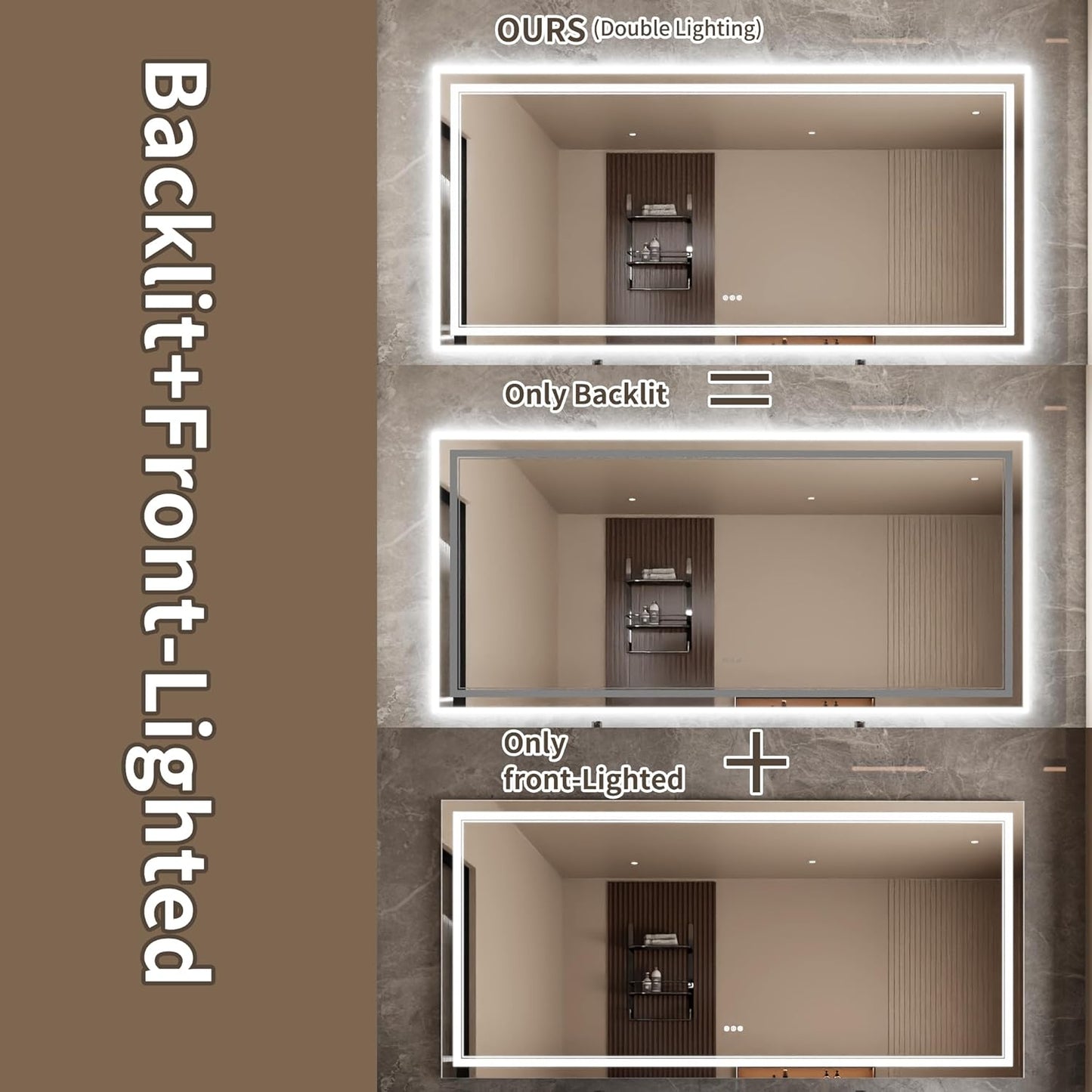 Bathroom Mirror with Lights 40"X84" with Front Light and Backlit, Tempered Glass, Wall Mount Horizontal/Vertical, Stepless Dimmable, 3 Colors, Anti Fog, Bathroom Memory LED Mirror