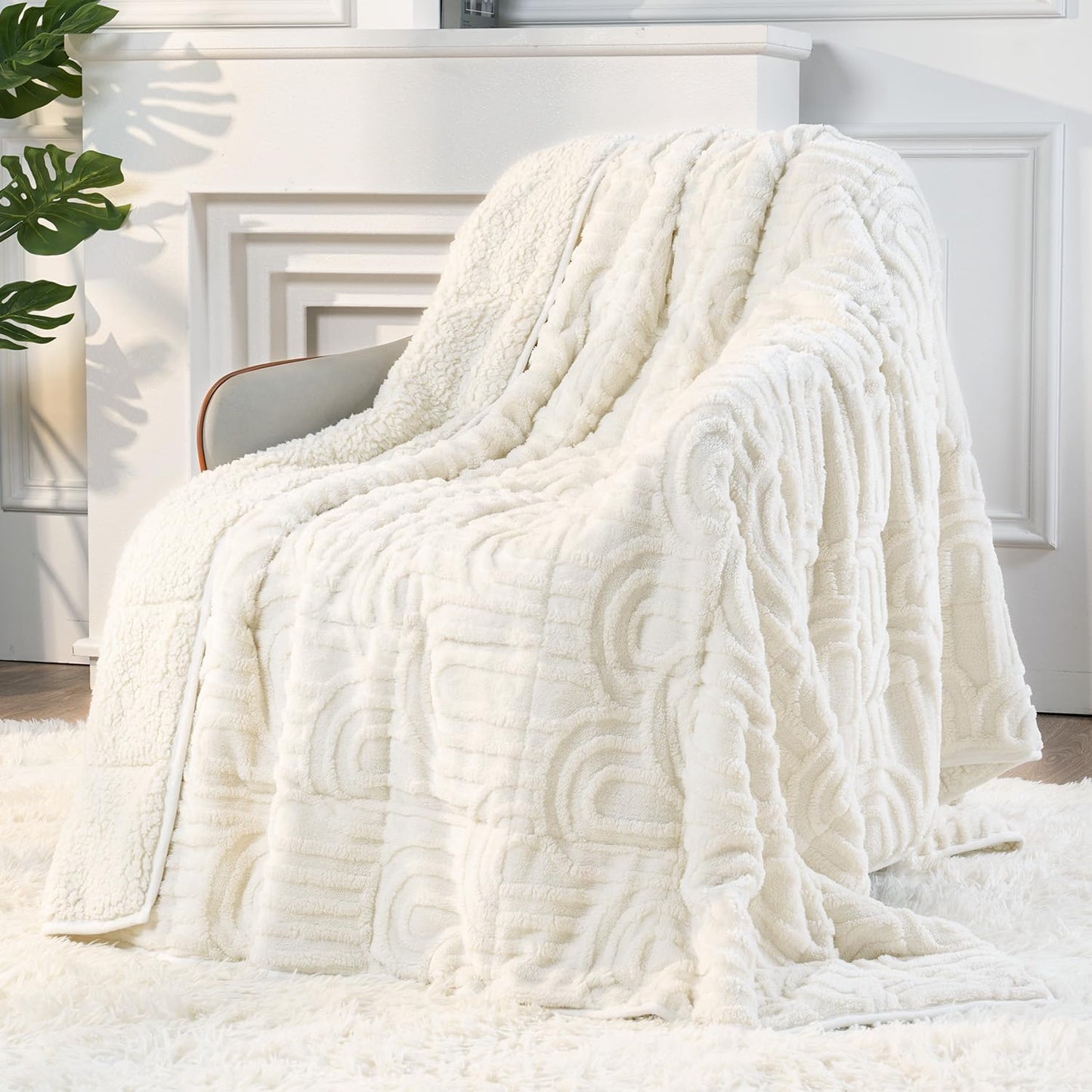 Sherpa Fleece Adult Weighted Blanket Great for Sleep, 15 lbs Dual Sided Soft Fuzzy Heavy Blankets for Couch Bed Sofa, Cozy Warm Arched Jacquard Throw for Winter (Cream White, 60" x 80", 15 Pounds)