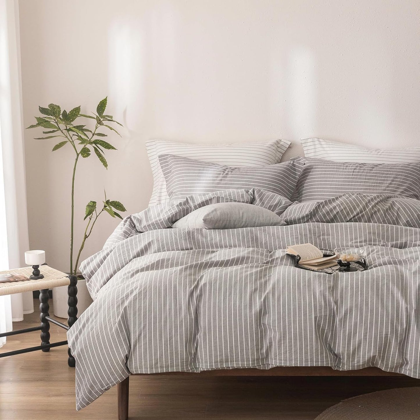 Stripe Duvet Cover Super Queen Size 98inch x 90inch, 100% Washed Cotton Linen Feel Duvet Cover with Zipper Closure and 2 Pillowcases, Color of Grey-White Stripe