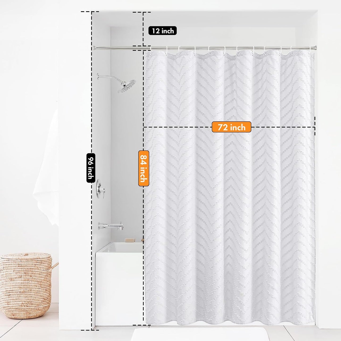 Extra Long Shower Curtains 72 x 84 Inches White Tufted Chevron Striped Fabric Shower Curtains for Bathroom Modern Shabby Chic Waterproof Cloth Shower Curtain, White