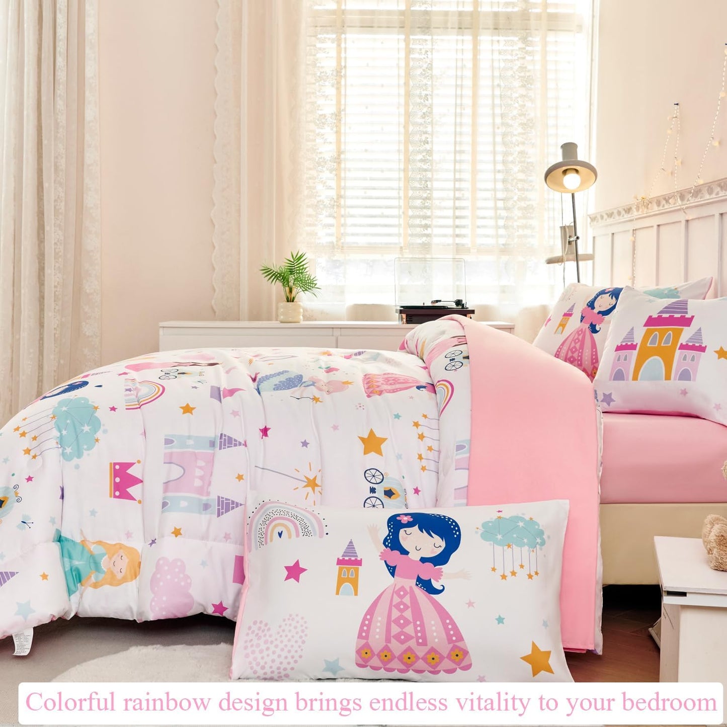 ANGIYUIN Princess Fairy Tales Twin Size Comforter Set for Girls Cartoon Rainbow Love Kids Bed in A Bag with Sheets Cute and Soft Bedding Set for All Season(Princess, Rainbow, Castel, White)