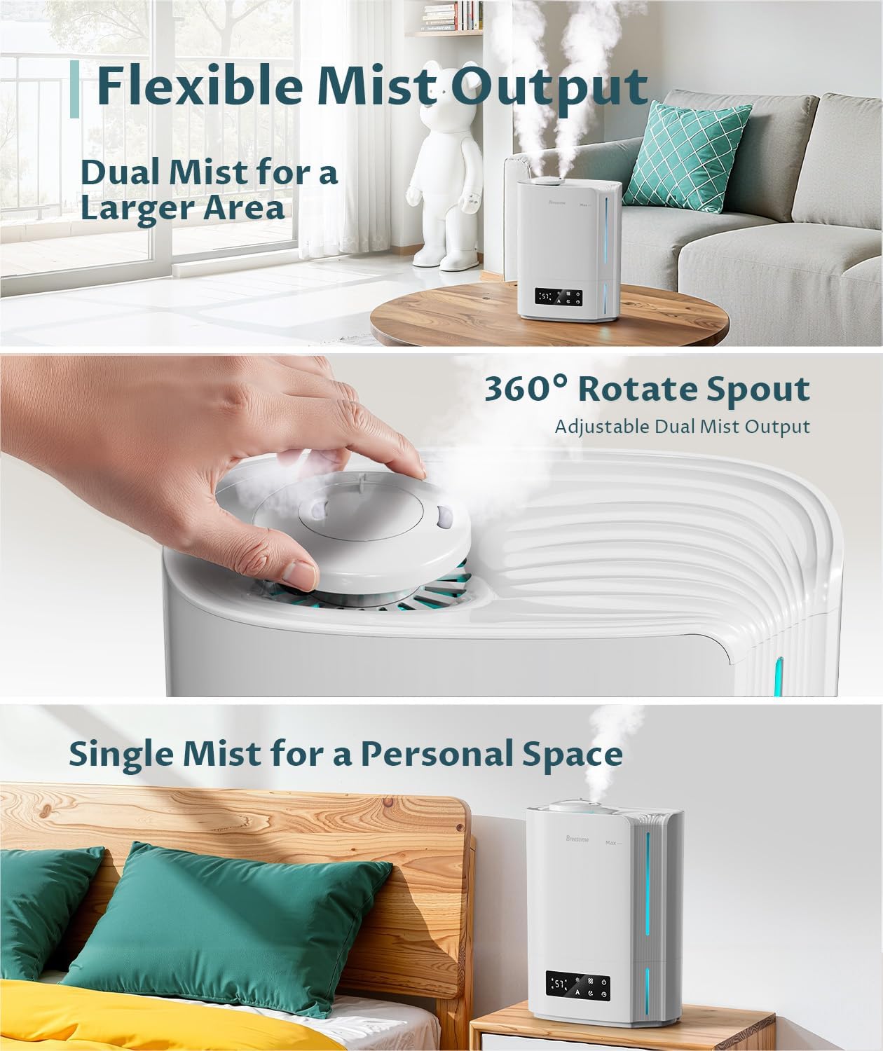 BREEZOME 6L Humidifiers for Bedroom Large Room & Essential Oil Diffuser, Ultrasonic Top Fill Cool Mist Humidifiers for Baby, Plants, Nursery Last up to 60 Hours, Smart Humidistat Control, Quiet, White