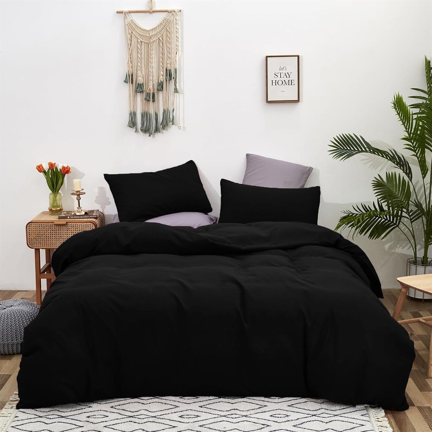 Cottonight Black Comforter Set Full Men Boys Black Bedding Set Modern Dark Color Soft Quilts Blanket Modern Gothic 3 Piece Plain Comforter for Women Men Full Bed