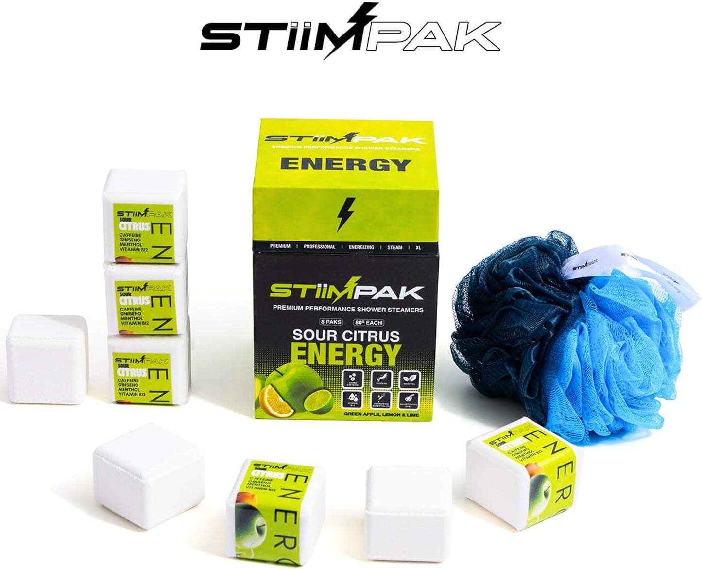 Shower Steamers | Energy | XXL 80g Long Lasting | Caffeine, B12, Ginseng, & Menthol | Gift for Men & Women | Extra Strength Aromatherapy for Focus & Productivity | Sour Citrus | STiiMPAK (8 Pack)