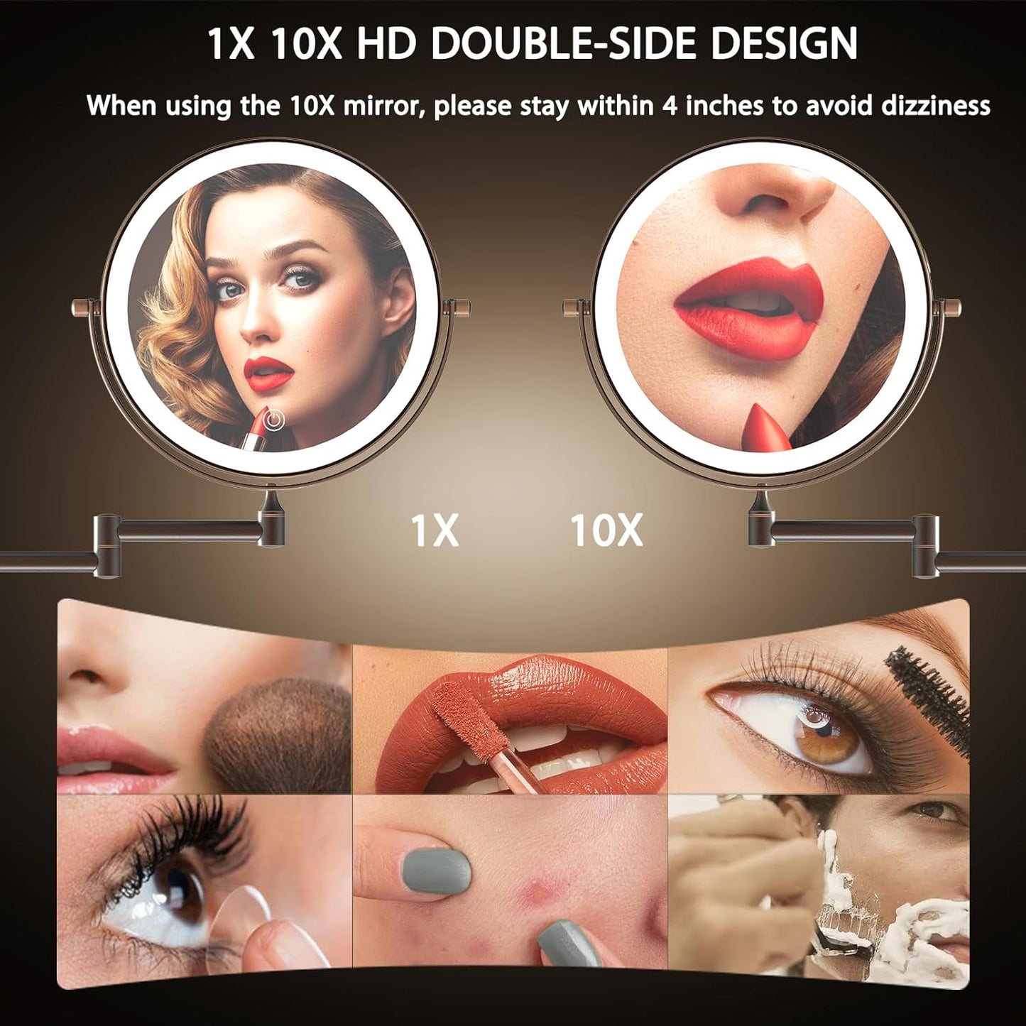Rechargeable Wall Mounted Lighted Makeup Vanity Mirror 8 Inch Double Sided 1X 10X Magnifying Bathroom Mirror, 3 Color Lighting, Touch Screen Dimming, 360 Rotation Oil Rubbed Bronze