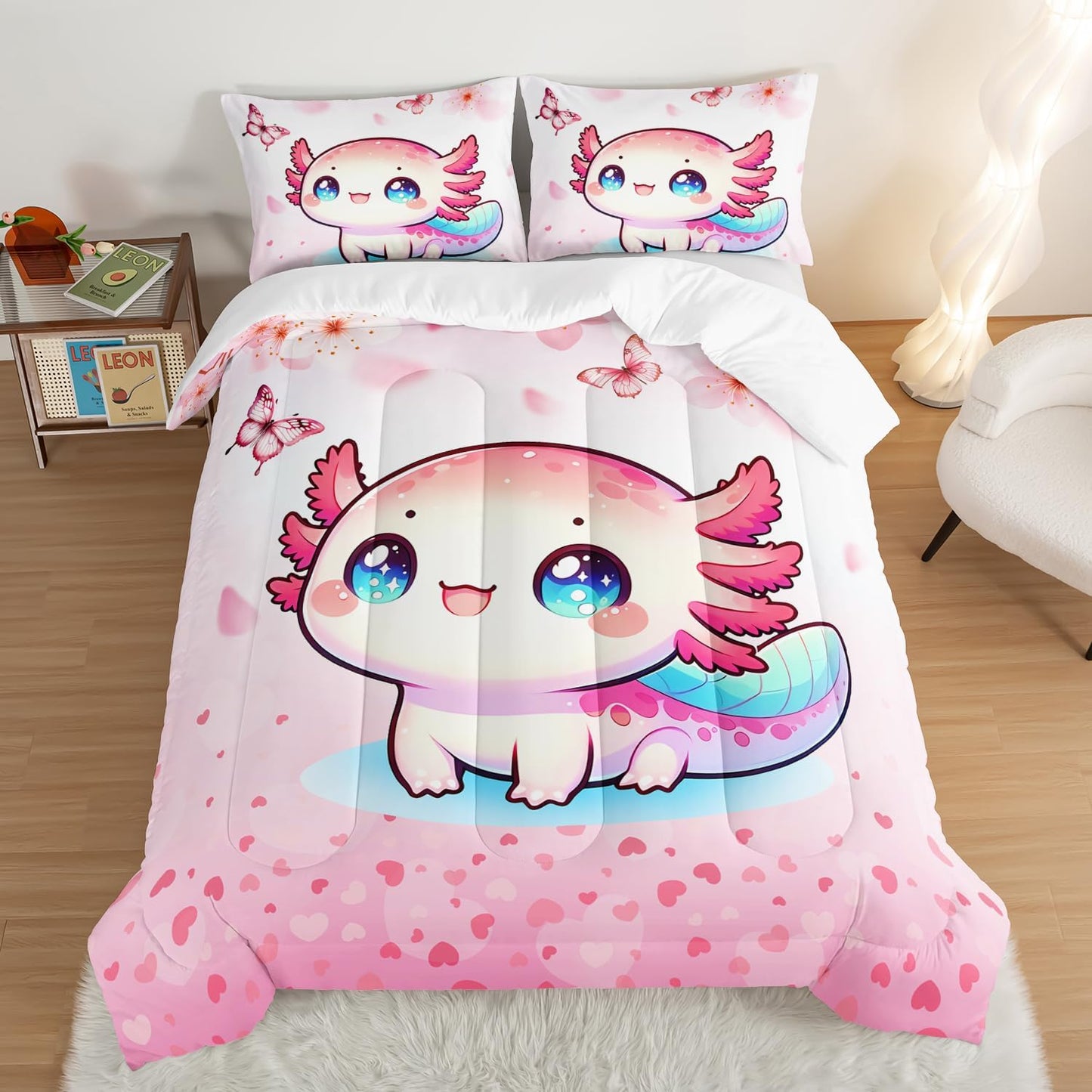 Cartoon Axolotl Comforter Kids Bedding Set,Cute Axolotl Flower Butterfly Bedding Full Size for Toddler Girls Room Kawaii Decor,Pink Series Kids Comforter Sets with 2 Pillowcases.