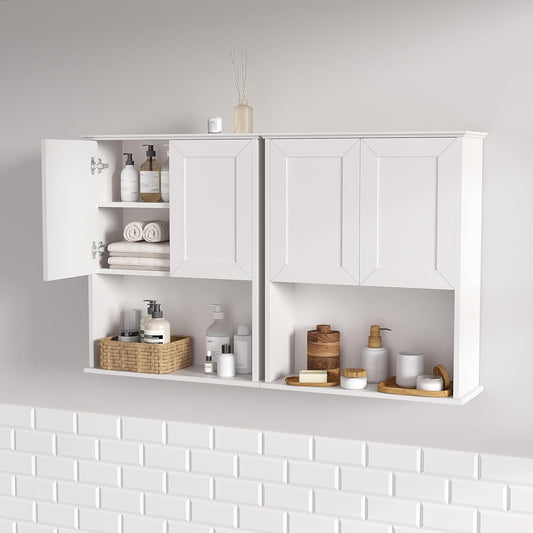 Bathroom Wall Cabinet Wooden with 2 Doors,Over the Toilet Storage Cabinet,Bathroom and Laundry Wall Mount Storage Medicine Cabinet with Open and Adjustable Shelf,Easy Assembly (Style A-2 PC, White)