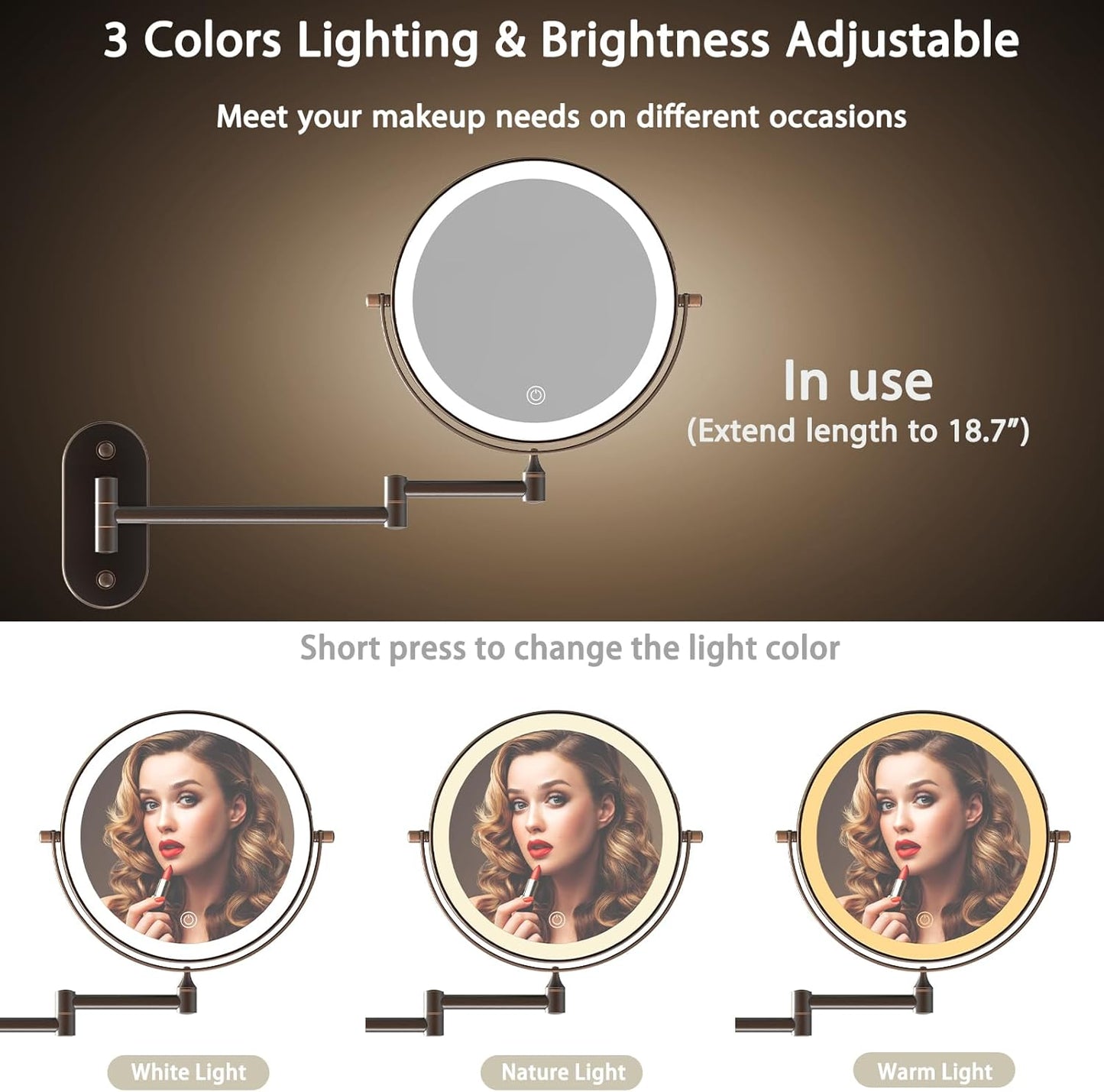 Rechargeable Wall Mounted Lighted Makeup Vanity Mirror 8 Inch Double Sided 1X 10X Magnifying Bathroom Mirror, 3 Color Lighting, Touch Screen Dimming, 360 Rotation Oil Rubbed Bronze