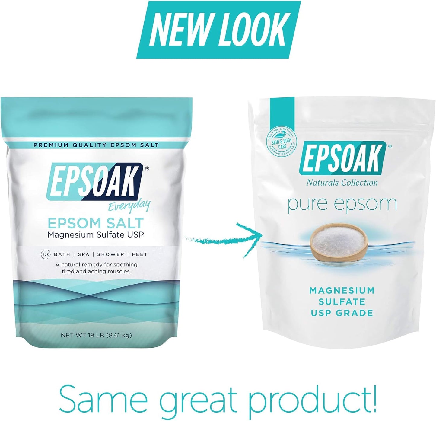 Epsoak Epsom Salt 38 lb. Magnesium Sulfate USP. (Qty. 2 x 19lb. Bags) Resealable Epsom Salt Bulk Bags Unscented, Made in The USA, Cruelty-Free Certified
