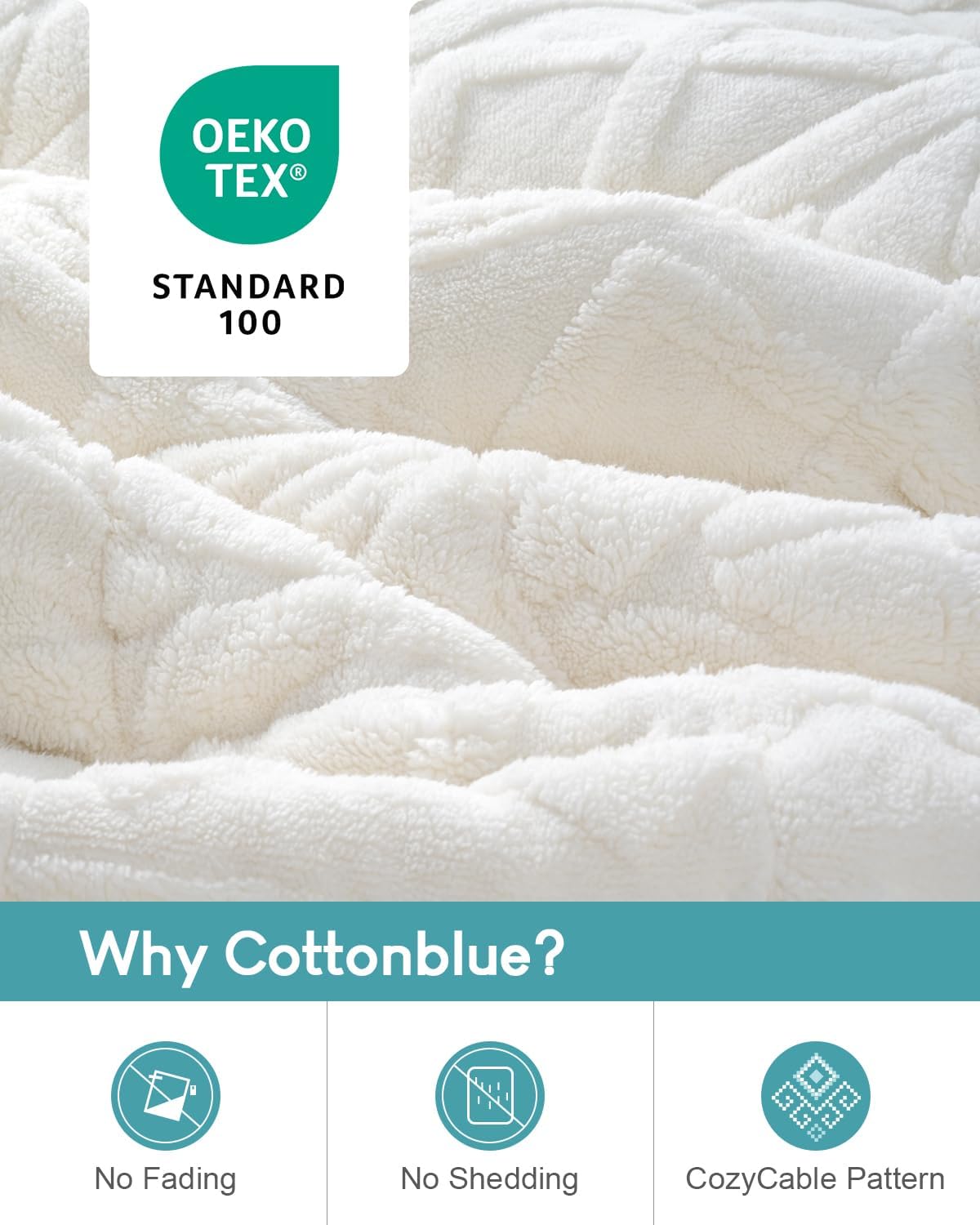 Cottonblue Jacquard Weighted Blanket 15lbs for Adults Queen Size, Ultra Soft Cozy Comfort Sherpa Blanket for Relax and Sleep, Heavy Bed Blankets with Cemaric Beads, 60x80 Inches, Cream White