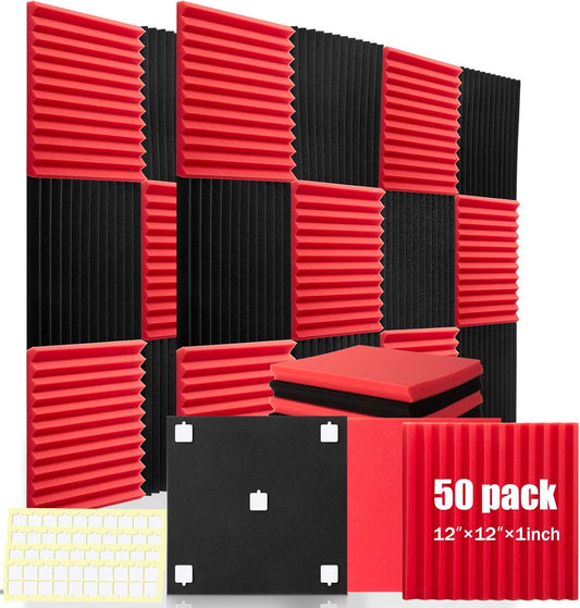 50 Pack Acoustic Panels 1 X 12 X 12 Inches - Acoustic Foam Studio Foam Wedges High Density Panels Soundproof Wedges Charcoal (Black&Red)