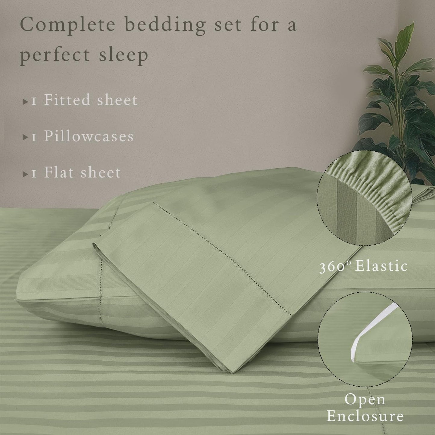 Threadmill 500 Thread Count Twin Size Damask Stripe, 3 Pc Luxury Cotton Sheet Set, Breathable & Silky Soft Sage Green Sheets with 15" Elasticized Deep Pocket, 1 Pillowcase & Free Tote Bag