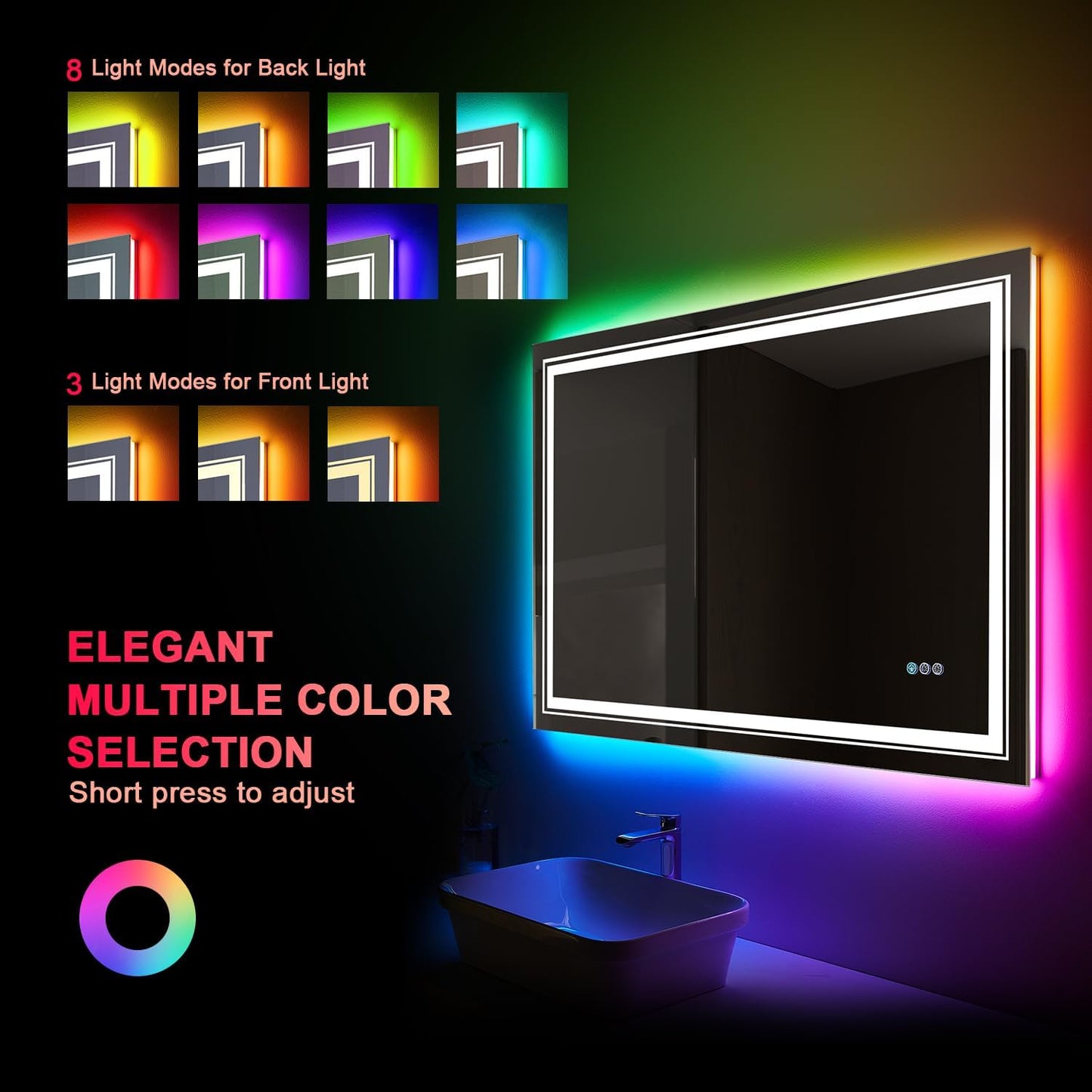 LED Mirror for Bathroom, 48"X30" with 8 RGB Backlit +3 Front Lit (Adjustable Individually), Anti-Fog, Large Lighted Bathroom Vanity Mirror for Wall,Shatterproof,Memory Function,Tempered Glass