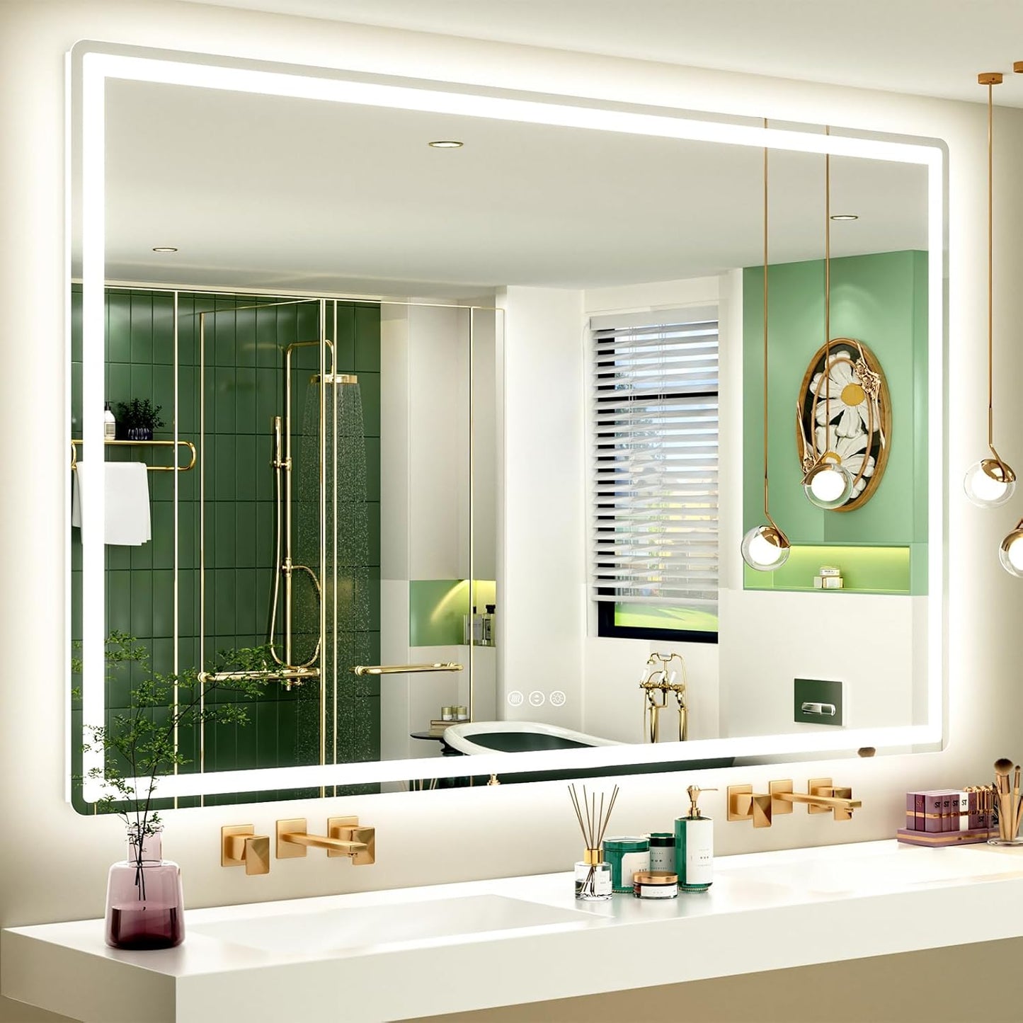 SMIROR LED Bathroom Mirror with Lights 60"x 40", Rounded Rectangle Lighted Vanity Mirror for Wall, Front Lit and Backlit, 3 Colors, Dimmable, Anti-Fog, Tempered Glass (Horizontally/Vertically)