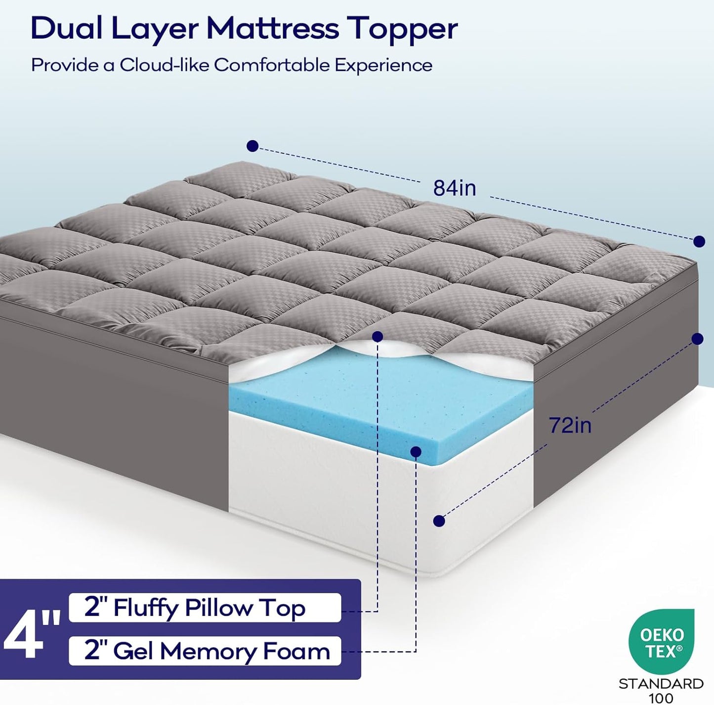 OLANLY Dual-Layer 4 Inch Cal King Size Memory Foam Mattress Topper for Back Pain, 2 Inch Cooling Pillow Top Mattress Pad Cover and 2 Inch Gel Memory Foam Topper, Deep Elastic Pocket, Light Grey
