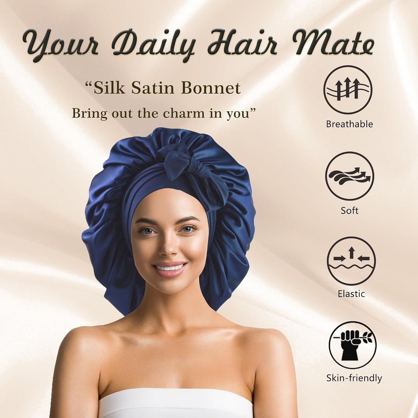 Silk Bonnet for Sleeping Women Satin Bonnet Double Layer Night Sleep Cap with Elastic Tie Band for Curly Natural Hair